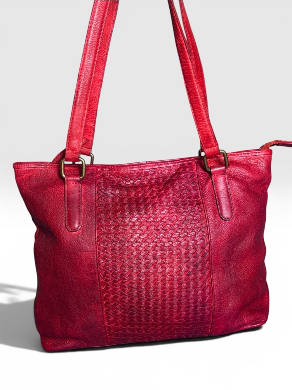 Handmade Genuine Leather Woven Tote Bag Red Boho Artisan Shoulder Bag